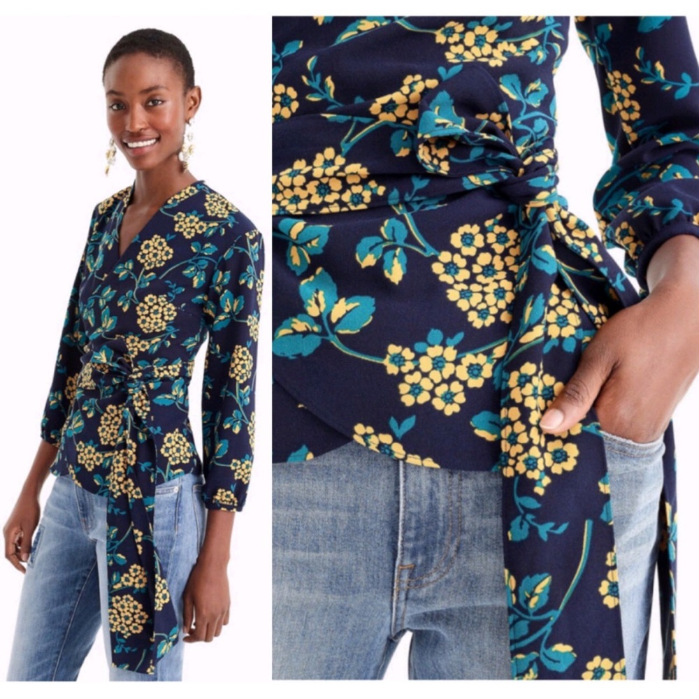 J.Crew Drapey Crepe Floral 3/4 Sleeves Wrap Top